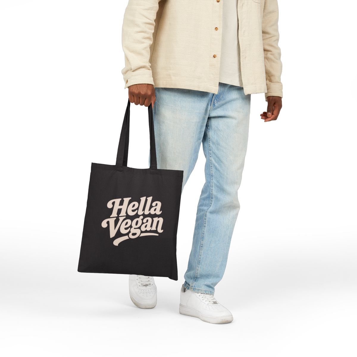 Hella Vegan Canvas Tote Bag — Reusable Grocery & Market Bag - Black/Beige